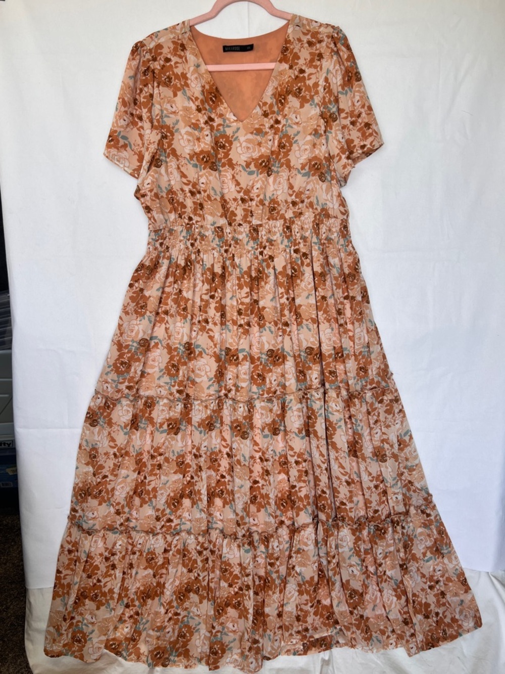 Mikarose Peach, Tan and Cream Floral Tiered Maxi Dress LIKE NEW XXL